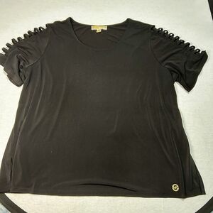 MICHAEL KORS TOP WOMENS 3X PLUS BLACK OPEN LADDER SHORT SLEEVE GOLD LOGO STRETCH